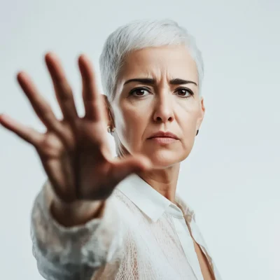 Confident mature woman with short white hair shows stop gesture saying no to violence, sexual harassment, femicide, discrimination and hate crime based on gender or skin color.