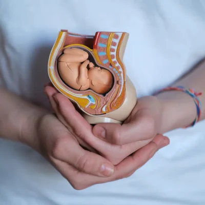 nurturing doula holds a replica of an embryo in the womb, showcasing her dedication to assisting mothers through childbirth.